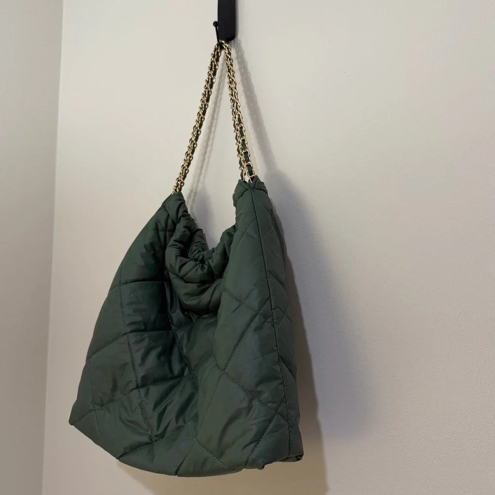 Quilted Puffer Chain Hobo Bag Olive Green Pillow Shoulder Bag  Y2K Luxury